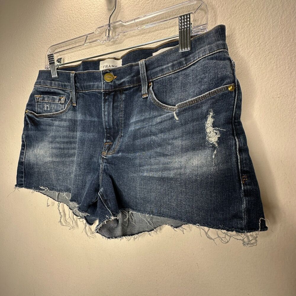 Frame Le Cut Off Azure Jean Shorts Raw Edge Frayed Hem Fading & Whiskering 28 - Picture 6 of 12
